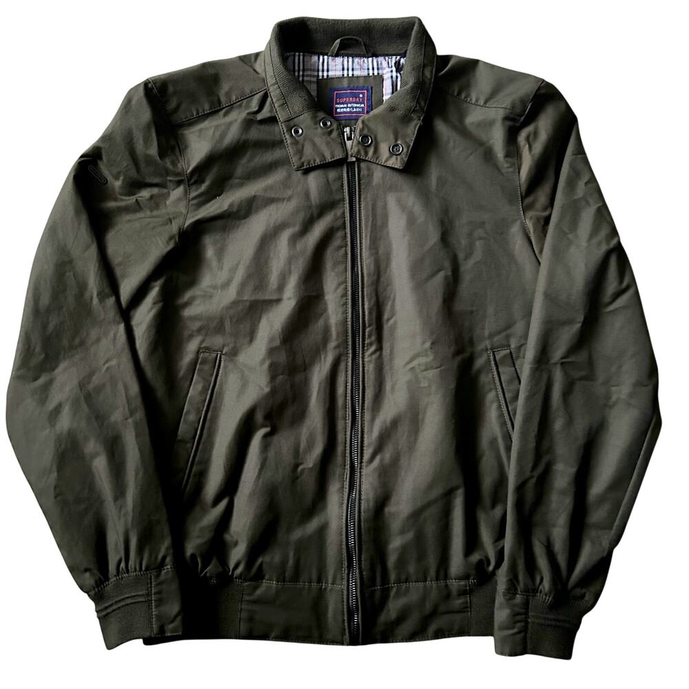Superdry Jacket Mens Sz Small Olive Green Plaid Lined Wind Resistant Bomber EUC